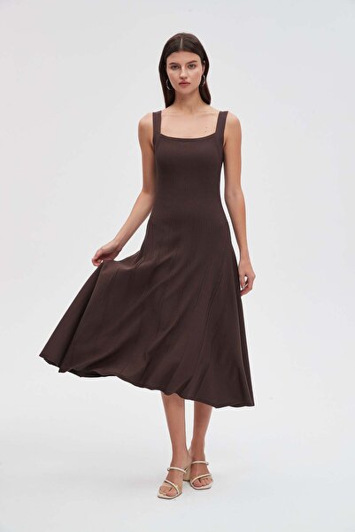 Livia Brown Plain Midi A-Line Dress