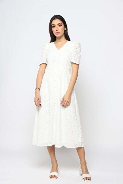 Nichii Blue Patterned Midi Ruffle-Sleeve Dress