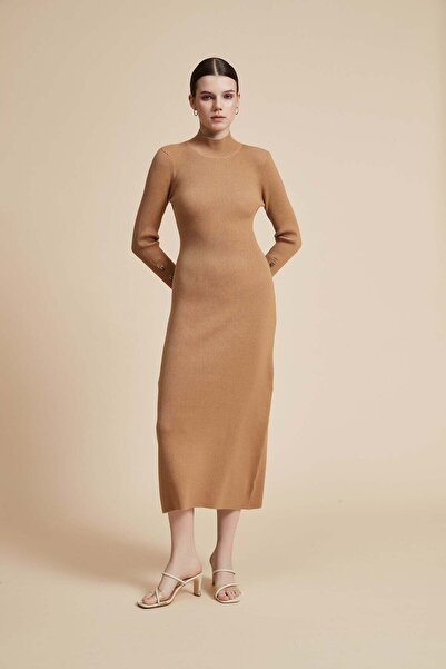 Yola Brown Plain Midi Long-Sleeve Dress