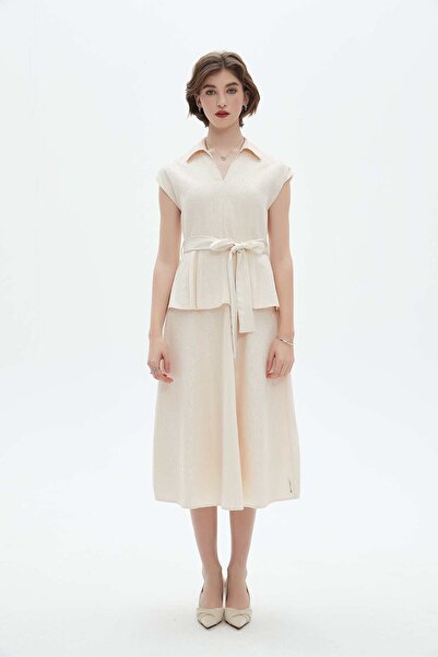 Nichii Embroidered Ruffled Midi Dress with Waist Belt