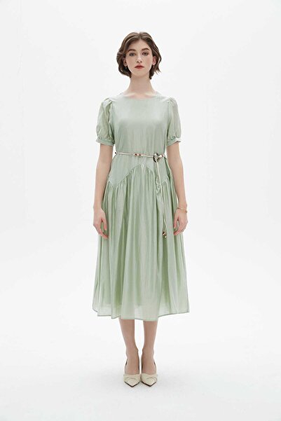 Nichii Green Plain Midi Belted Dress