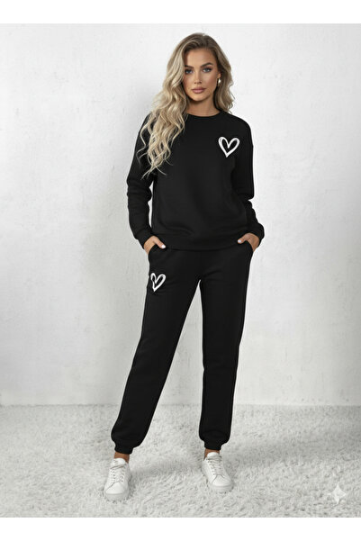 Modaikon Tracksuit Set Heart Printed Hooded Sweatshirt Tracksuit