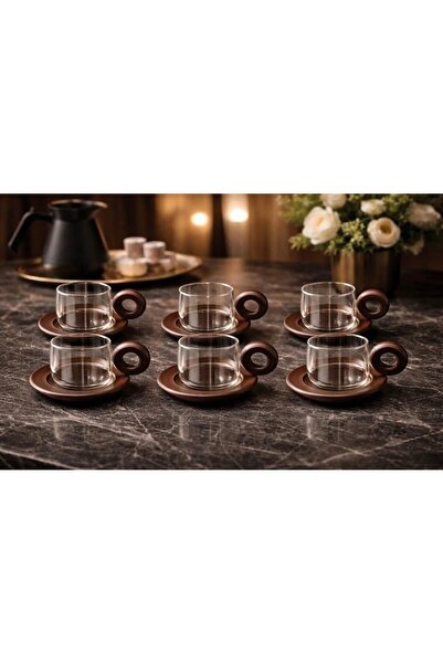 MİMOZA PARK 12 Parça 90 ml Cam Türk Kahvesi Fincan Seti – Akasya Ahşap Kulplu...