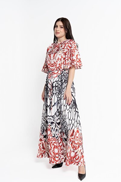 Nichii Red Floral Maxi Belted Dress