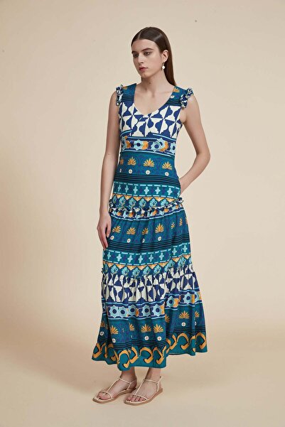 Yola Blue Patterned Maxi A-Line Dress