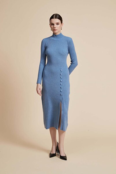 Yola فستان ميدي أزرق سادة بأكمام طويلة