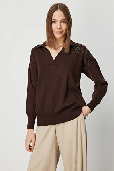 ON TRİKO Omzu Embroidered Polo Neck Knitwear Sweater 66359