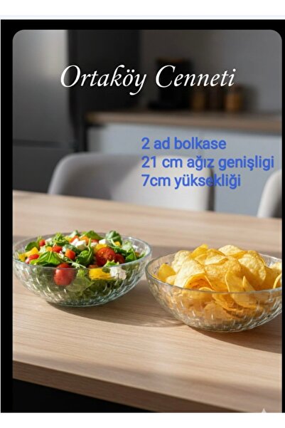 ORTAKÖY CENNETİ 2-Piece Glass Large Bowl Salad Chips Serving Corner 21 cm Wid...