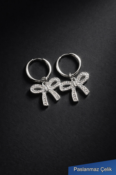 TREND COLLECTİON Silver Color Stone Bow Steel Hoop Earrings