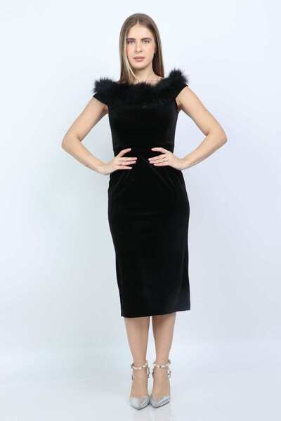 Nichii Black Plain Midi Fur-Collar Dress