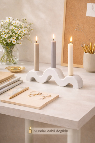 Mumperya Modern Dalga Formlu Dekoratif 3’lü Mumluk | Minimal Seramik Şamdan