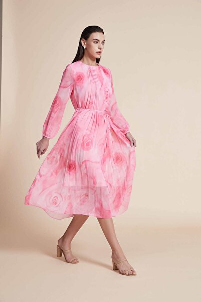 Yola Pink Floral Midi Belted Dress