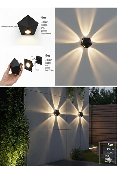 Modern İç ve Dış Mekan, Bahçe, Balkon, Teras, Kamelya, Veranda Apliği, Led Armatür Günışığı 5 Watt