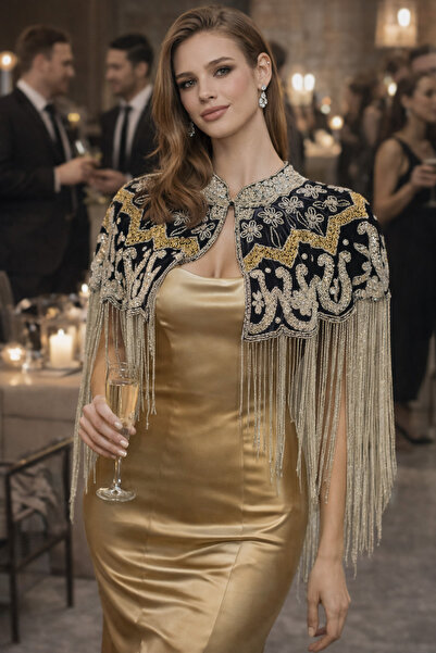 CROCUS DESIGN Gold Silver Bead Pattern Fringed Shoulder Cape