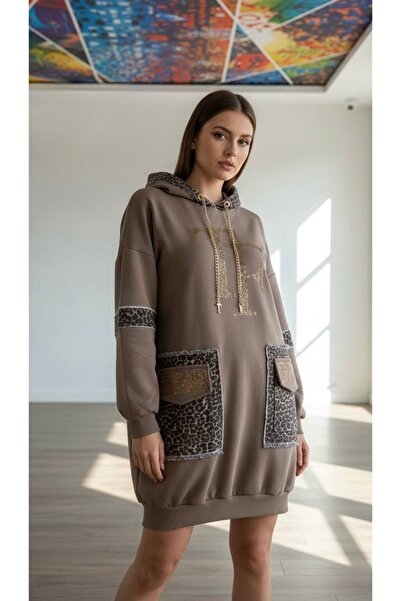 RED WOMAN FASHİON Hooded Double Pocketed Leopards Patterned Tunic Dress