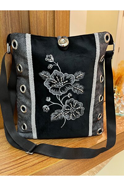 GÜLHOBY Black Embroidered Beaded Bag Bird-Eyed Gothic Bag Crossbody Bag