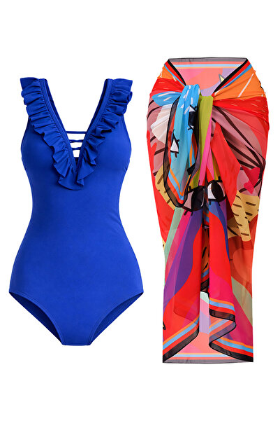 CUPSEA Thin, Effective, Ruffled Front Blue Swimsuit Rainbow Pareo 2-Piece Set