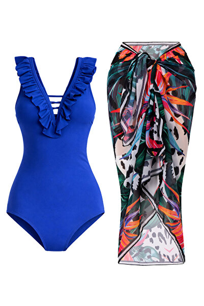 CUPSEA Blue Swimsuit with Ruffles on the Front, Effective for Slimming, Lana ...