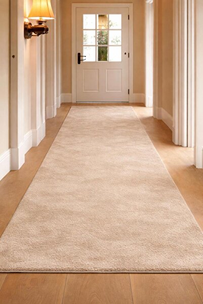 BESELY Bej Kaymaz Taban Özel Ölçü Peluş Yıkanabilir Yumuşak Tüylü Halı Yolluk...