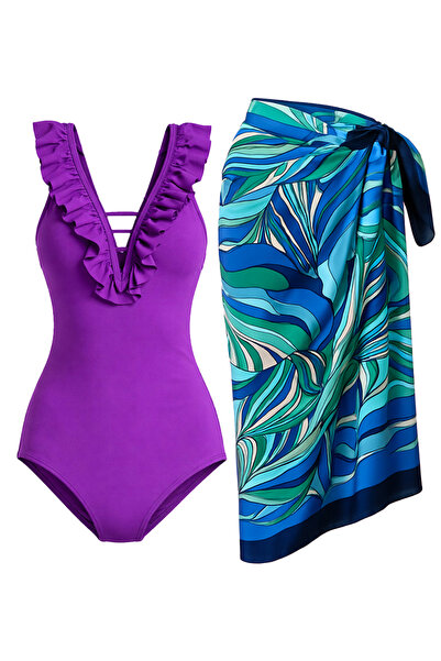 CUPSEA Thin, Effective, Ruffled Front Purple Swimsuit, Sea Blue Pareo, 2-Piec...