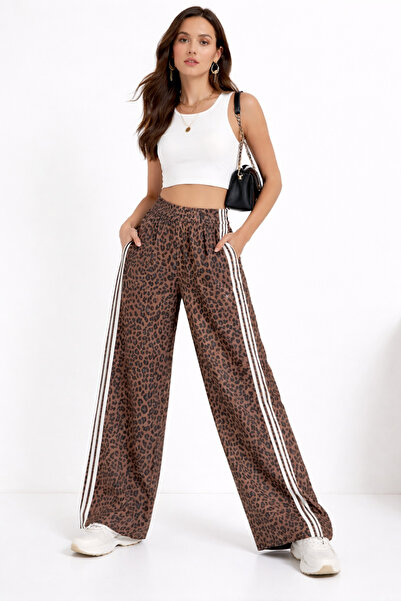 Moda ferfa Women's Wide Leg Leopard Print Trousers – Casual Use, Striped Detail