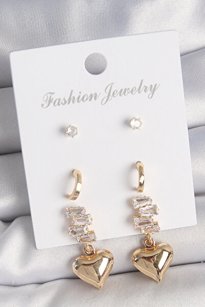 Lisinya Brass Gold Color Zircon Stone Dangle Heart Model Half Hoop Detail 3 P...