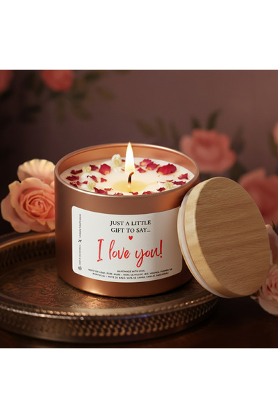 BUNILU Lumanare parfumata, mesaj I LOVE YOU, borcan metalic, parfum floral