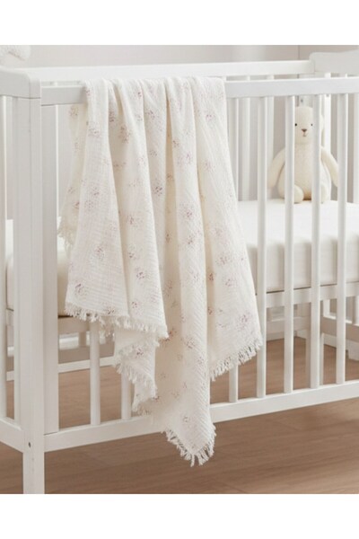 Ege Bebek Premium Quality, Puff Flower Patterned, 2-Layer Fringed Muslin Blan...