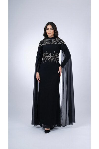 MİSS DİAMOND Black Long Dress Evening Gown with Elegant Crystal Stone Cape De...