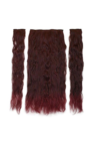 Zeysum 3 lü Set - Koyu Kızıl Yarımay Saç Su Dalgalı Çıtçıtlı Ekstra Yoğun Pos...
