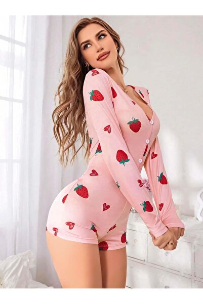 Findit Pamuklu Pembe Çilek Desenli Tulum Pijama