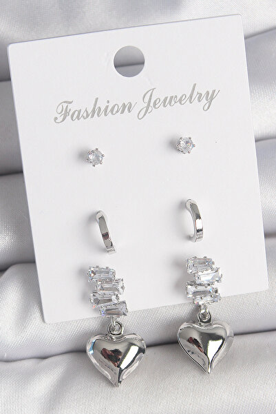 Lisinya Brass Silver Color Zircon Stone Dangle Heart Model Half Hoop Detail 3...