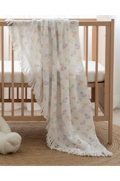 Ege Bebek Premium Quality, Butterfly Patterned, 2-Layer Fringed Muslin Blanke...