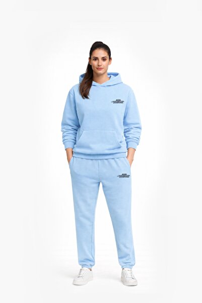 Logo Baskılı Bebek Mavisi Unisex Oversize Kapüşonlu Sweatshirt