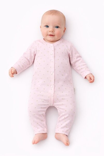 Pure Boutique Pink baby jumpsuit, soft cotton pajama style, with snaps, overall