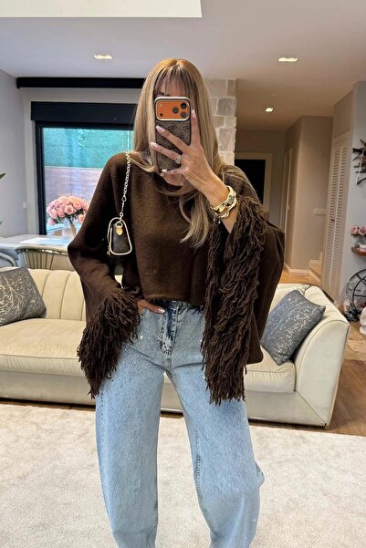 My Loore Women's Coffee Sleeves Tassel Trim Knitwear Crop Sweater Mlb143