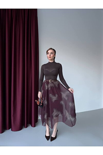 Foola Moda Asimetrik Kesim Desenli Şifon Etek - Volanlı Midi Boy Uçuş Uçuş Etek