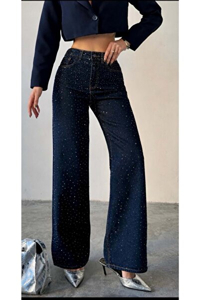 ibeeka Navy Blue Glitter Stone Coated Design Jeans - Navy Blue - 40 - St00675...