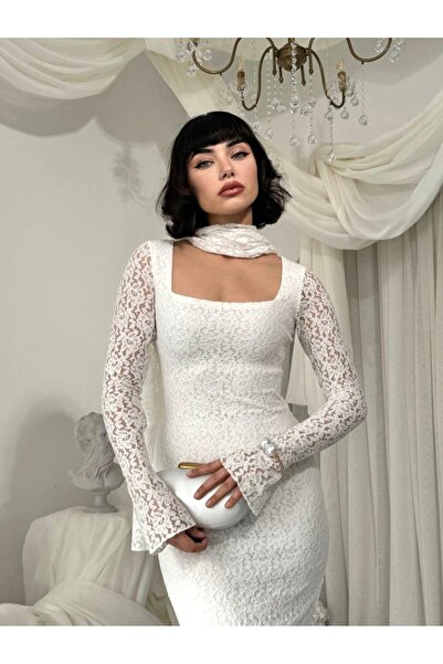Dilek Vardar White Women's Shawl Detailed Long Sleeve Lace Long Evening Dress