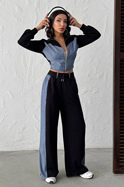 bacc Black Denim Fabric Paneled Soft Textured Pants Jacket Suit Bchn-25261021