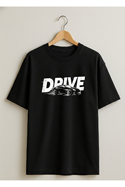 DRIVE Tasarımlı Siyah Oversize Unisex Pamuklu Bisiklet Yaka T-Shirt