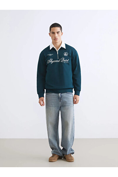 LC Waikiki Ανδρικό χοντρό φούτερ με στάμπα Petrol Polo Collar