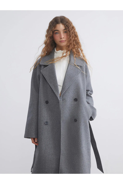 LC Waikiki Double-Breasted Collared Women's Cashmere Coat with Belt
