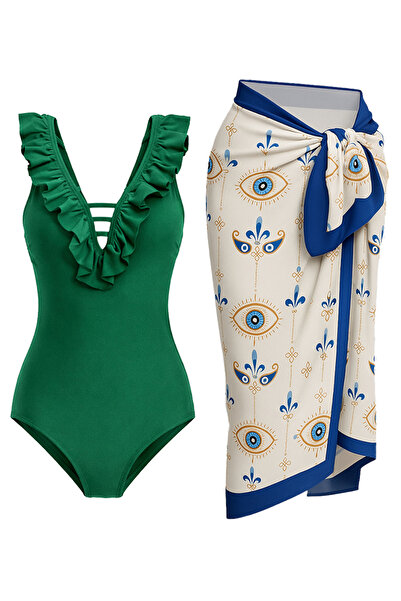 CUPSEA Green Swimsuit with Ruffles on the Front, Evil Eye Bead Pareo, 2-Piece...
