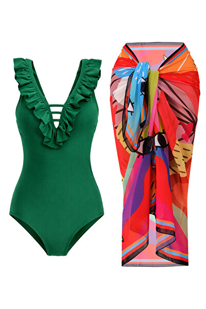 CUPSEA Thinning Effect Ruffled Front Green Swimsuit Rainbow 2-Piece Set