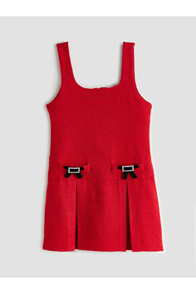 LC Waikiki Square Neck Pleated Tweed Dress for Girls