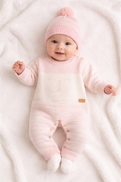 HANNA Salopetă tricotată cu caciulita Uluda cu dungi roz