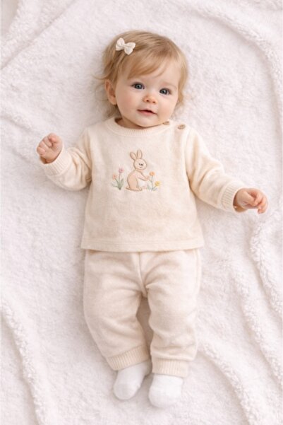 Bebelul Memoza set embroidered with rabbit – 100% cotton, beige