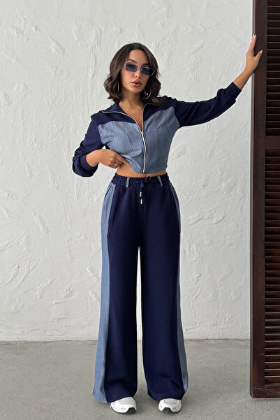bacc Navy Blue Denim Fabric Paneled Soft Textured Pants Jacket Suit Bchn-2526...