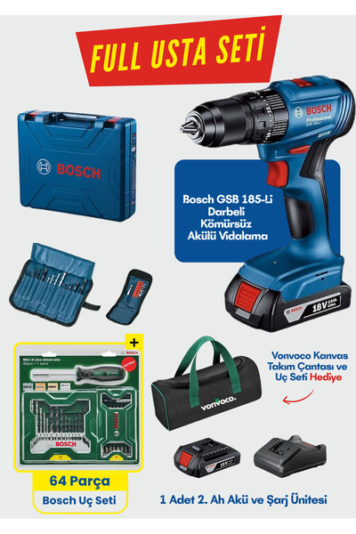 Bosch GSB 185 Li Akülü Vidalama Darbeli Kömürsüz Şarjlı Matkap 18 Volt (64 Pa...